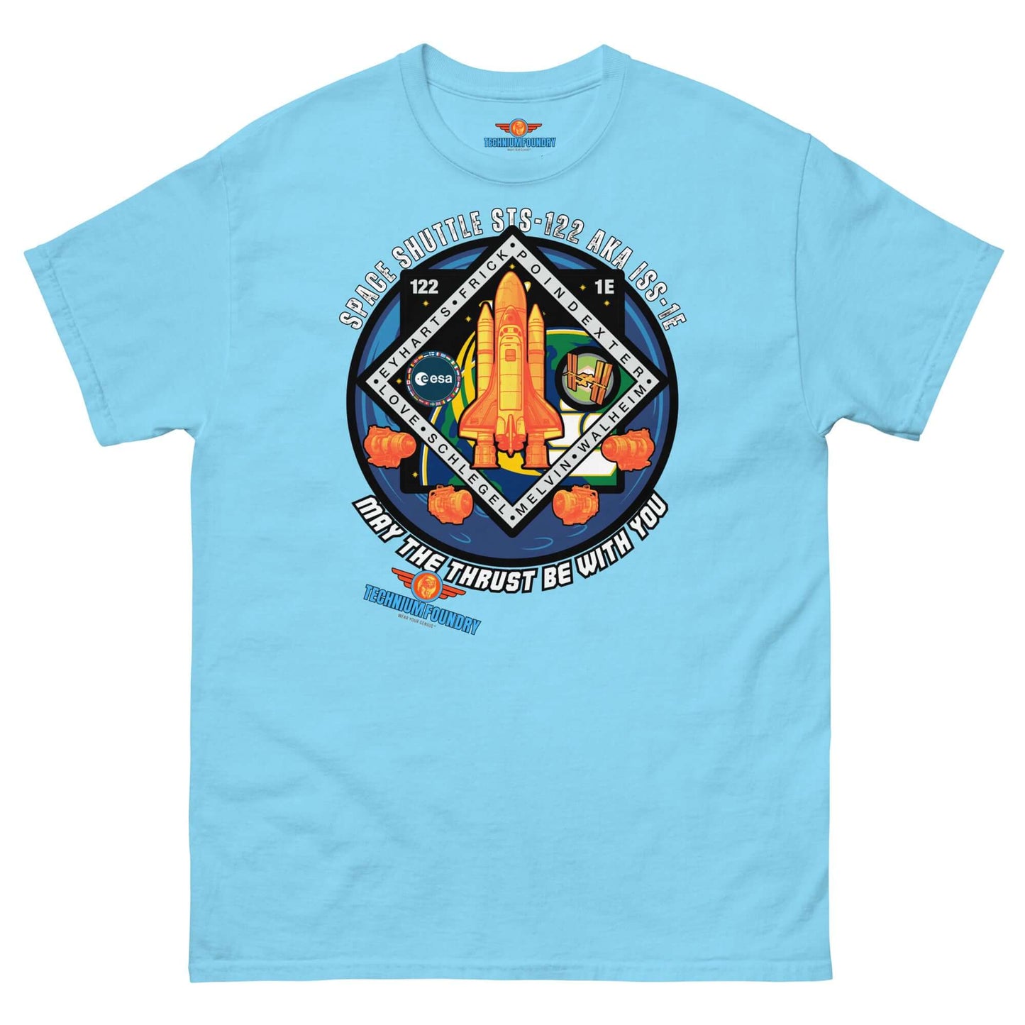 "May The Thrust Be With You Space Shuttle Tee from Technium Foundry's Science & Tech Apparel Collection, featuring STS-122 mission patch"