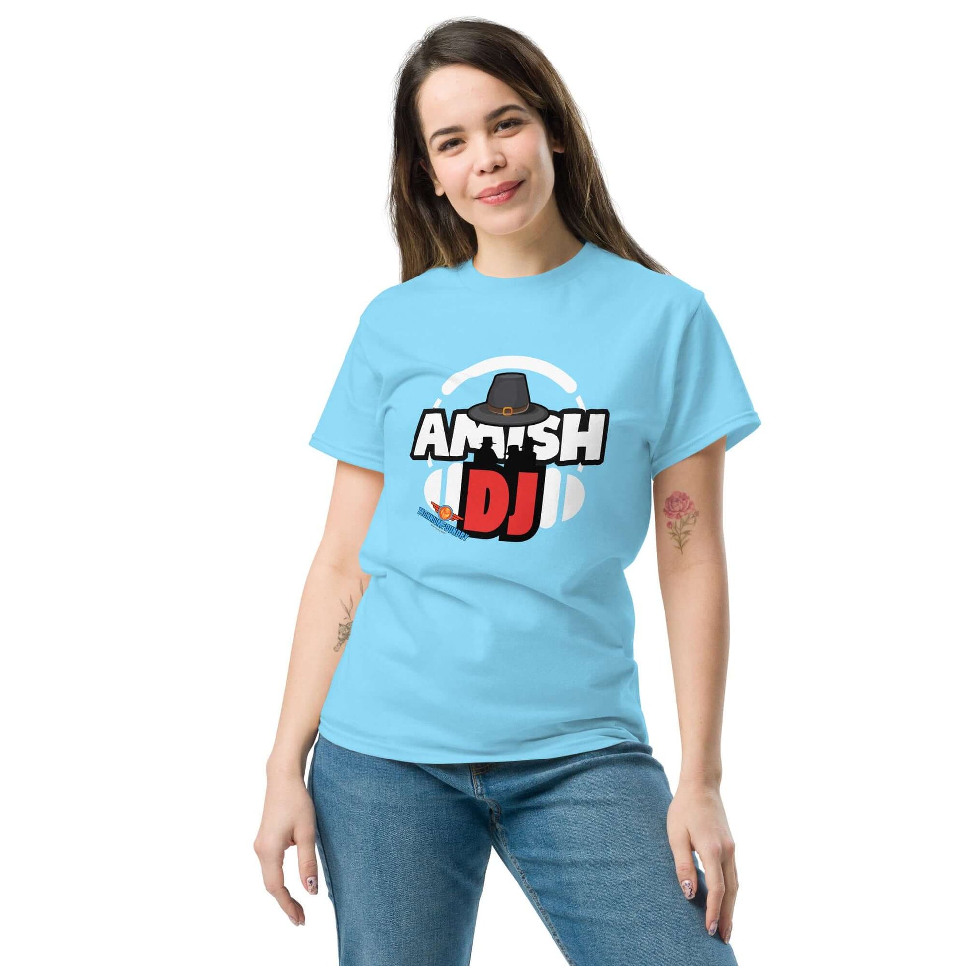 Woman wearing "Amish DJ" Tee from Science & Tech Apparel Collection - Technium Foundry.