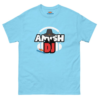 Blue "Amish DJ" tee from Technium Foundry's Science & Tech Apparel Collection, featuring a playful headphone and hat graphic.