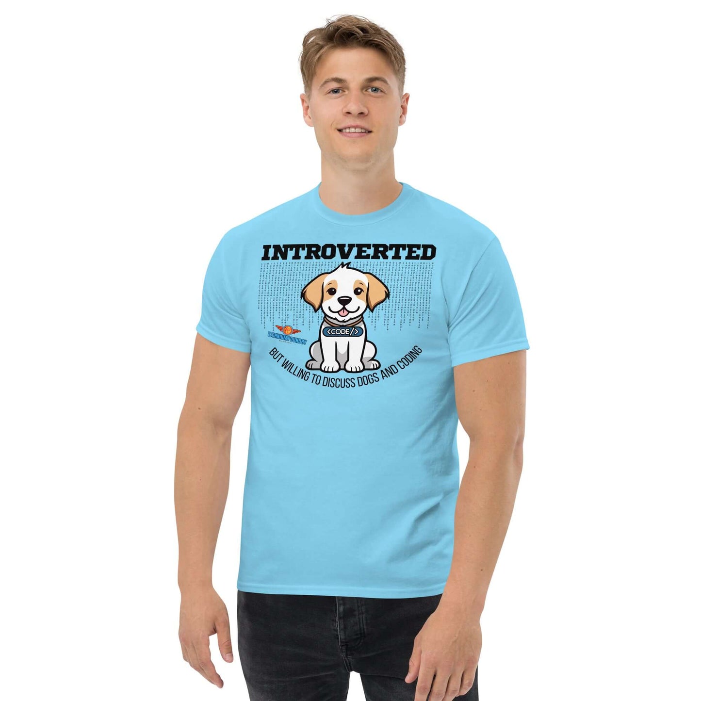 Blue "Introverted But Willing To Discuss Dogs" tee featuring cute puppy illustration, part of Science & Tech Apparel by Technium Foundry.