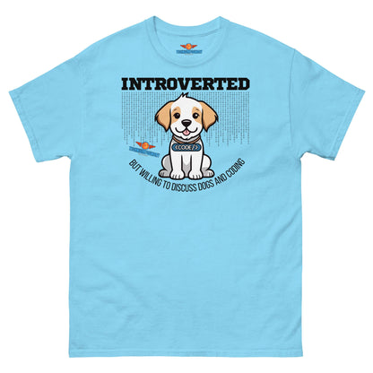 Light blue tee with cute puppy graphic; reads "Introverted, but willing to discuss dogs and coding." Part of Science & Tech Apparel by Technium Foundry.