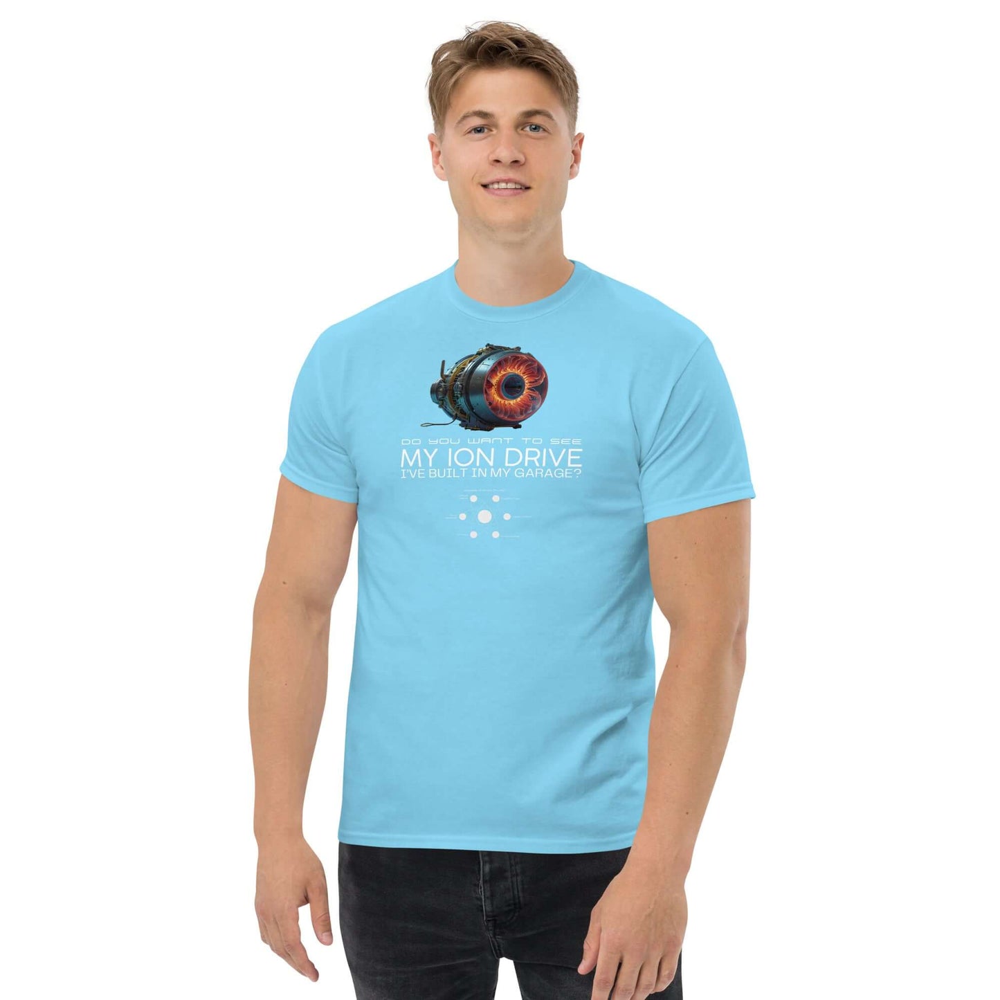 Blue Ion Drive Tee from Technium Foundry, part of the Science & Tech Apparel Collection, featuring a DIY space engine design.