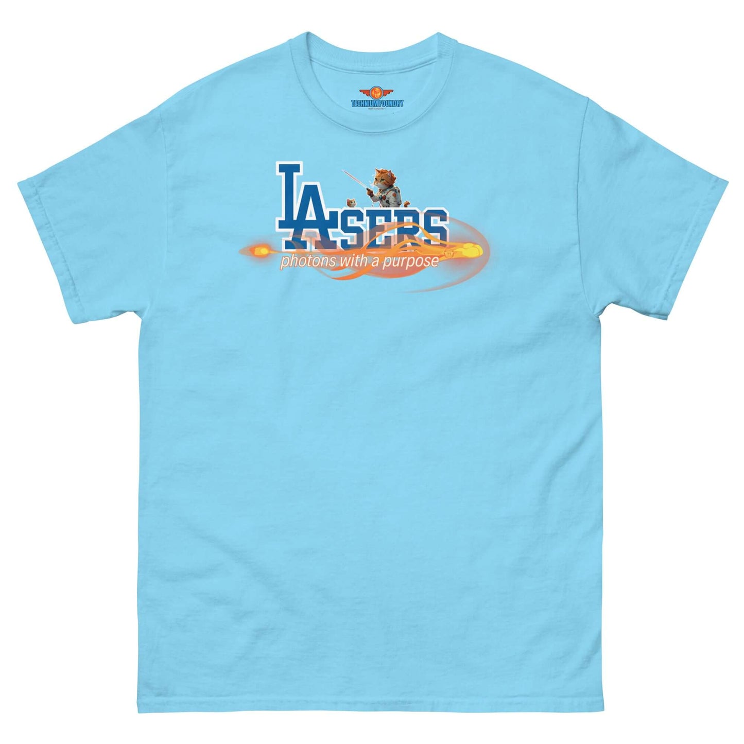 Light blue "LAsers: Photons with a Purpose" tee featuring baseball and laser design from Science & Tech Apparel Collection by Technium Foundry.