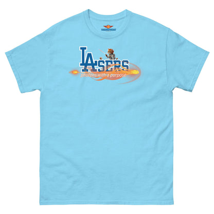 Light blue "LAsers: Photons with a Purpose" tee featuring baseball and laser design from Science & Tech Apparel Collection by Technium Foundry.