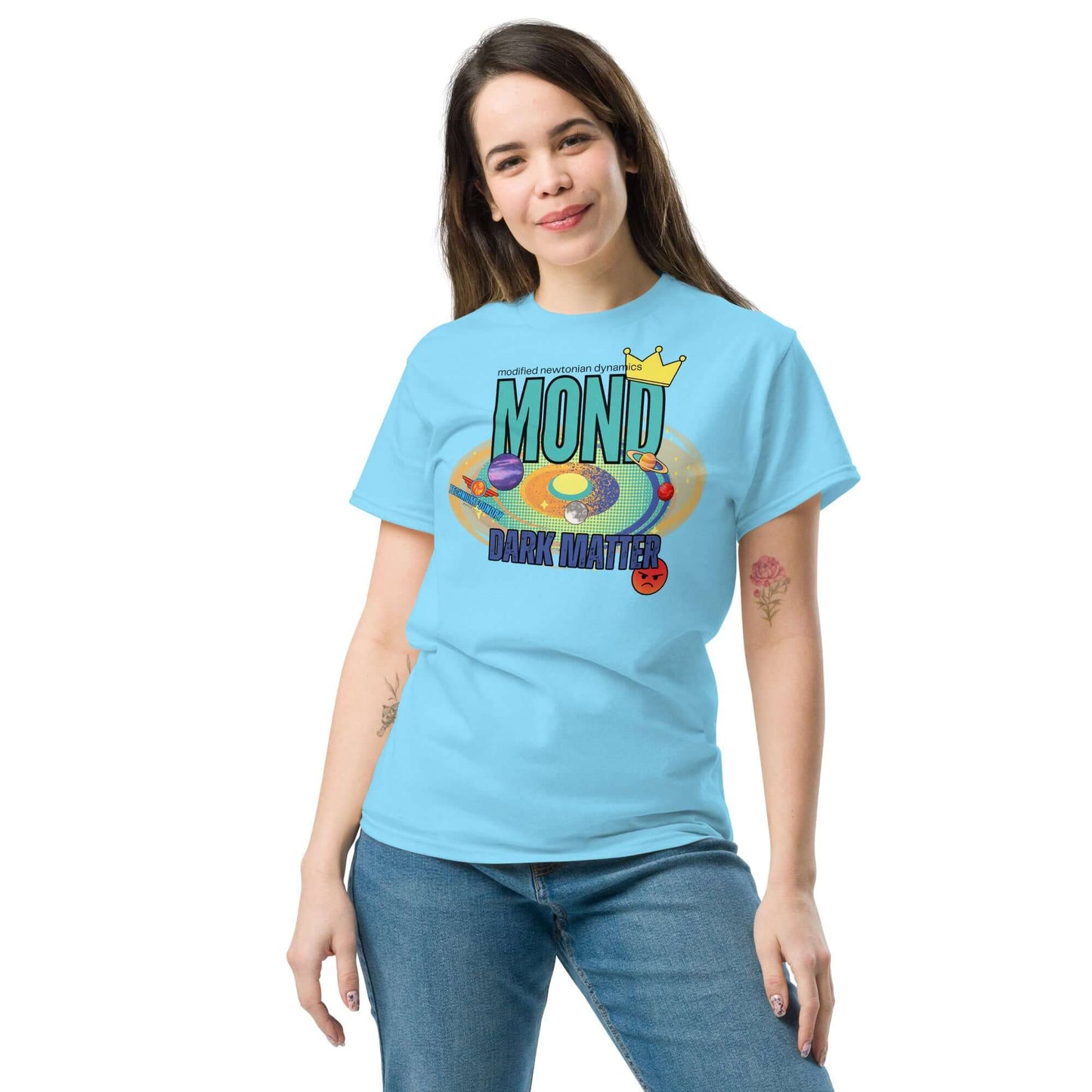 Woman wearing "MOND vs Dark Matter" tee from Science & Tech Apparel Collection by Technium Foundry.