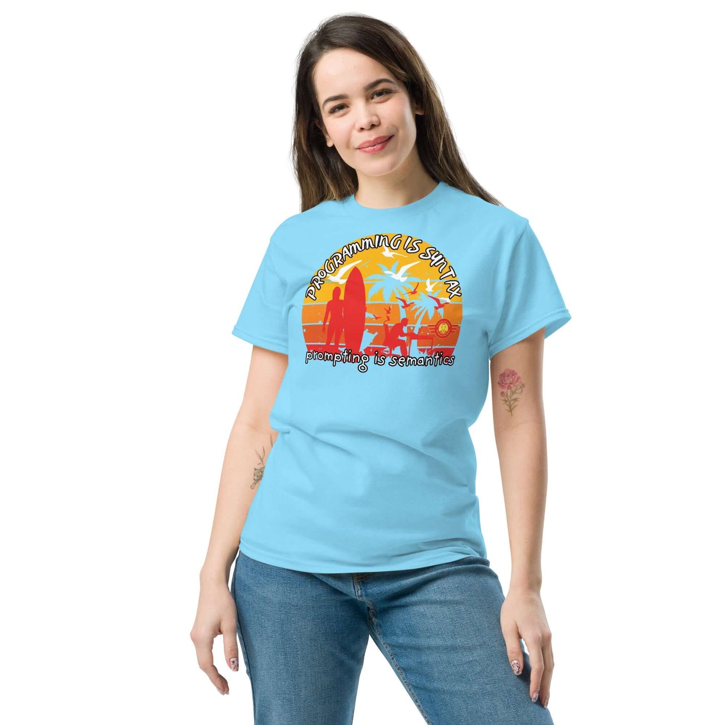 Woman wearing "Programming is Semantics" tee with retro sunset design, part of Science & Tech Apparel Collection by Technium Foundry.