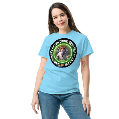 Woman wearing Schrödinger's Kitten Chow tee, showcasing quantum fashion by Technium Foundry with a whimsical feline philosopher design.