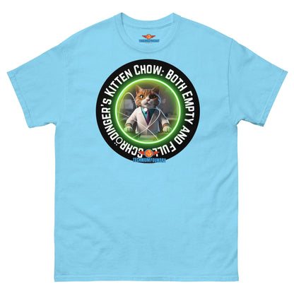 Schrödinger's Kitten Chow tee featuring a dapper cat in a suit, illustrating quantum feeding paradox on a blue shirt.