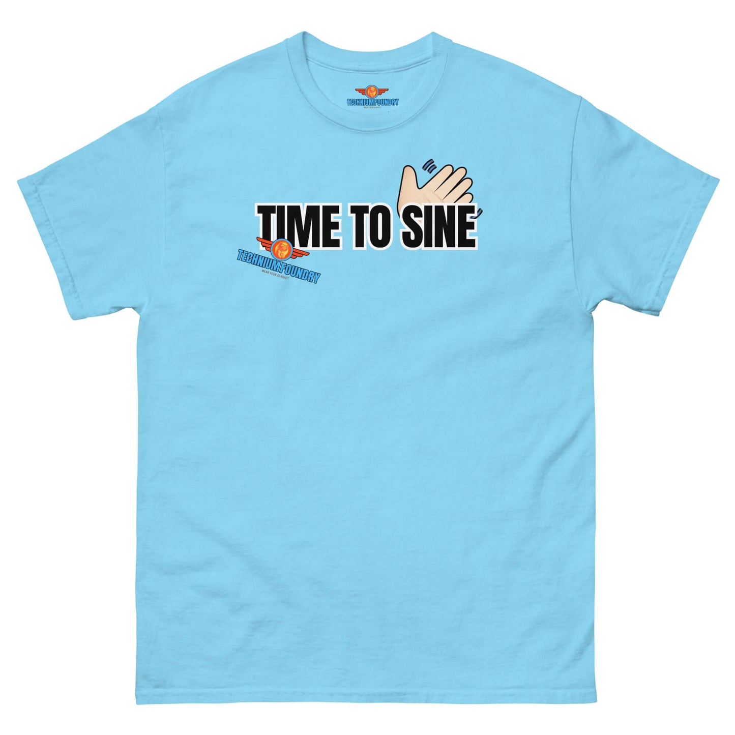 "Blue 'Time to Sine' Tee with hand gesture and sine wave design - Quantum Fashion by Technium Foundry"