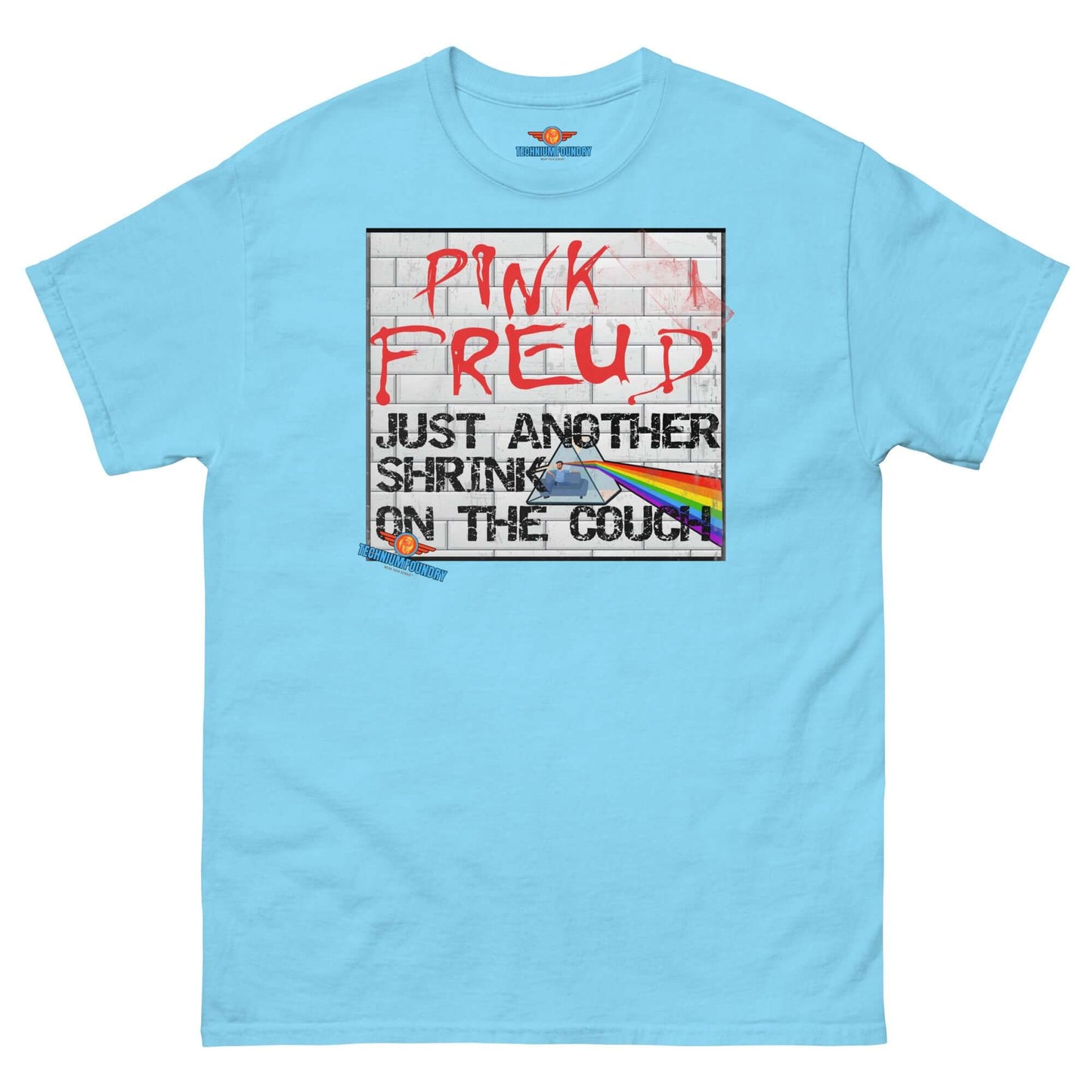 Blue tee featuring "Pink Freud: Just Another Shrink on the Couch," blending rock and psychoanalysis. Quantum Fashion by Technium Foundry.