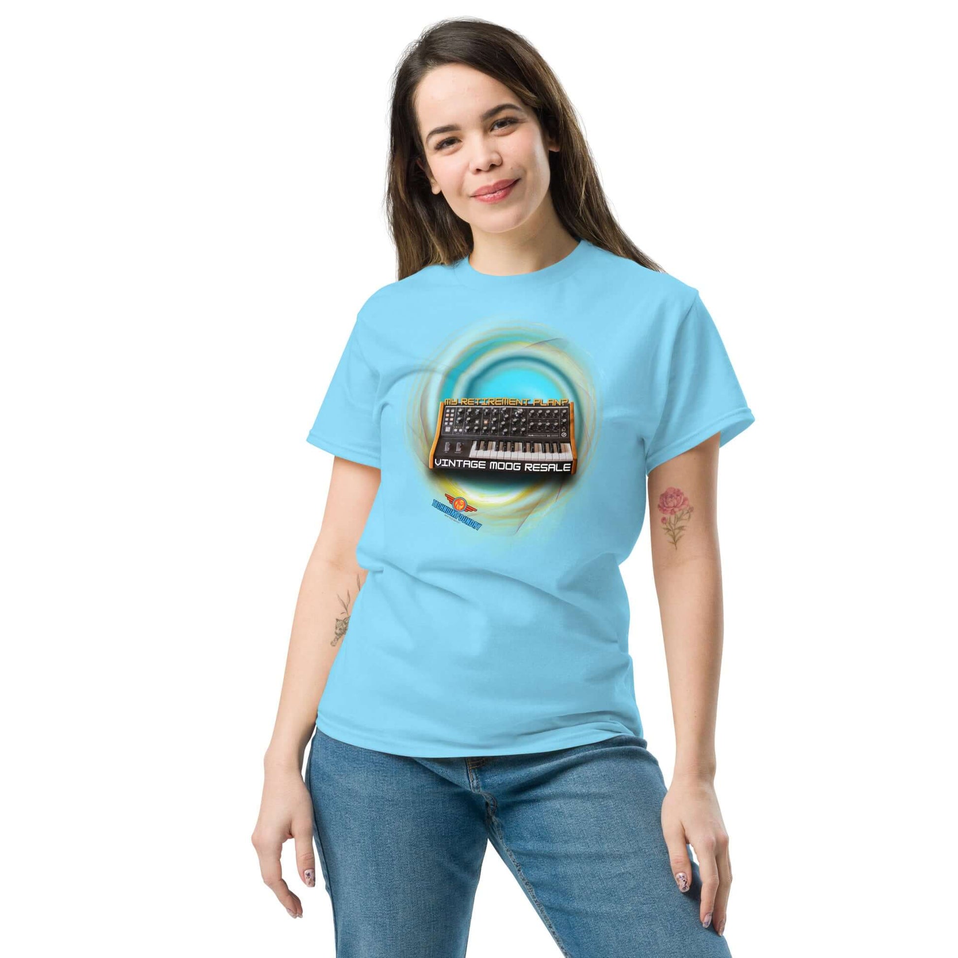 Woman wearing "Vintage Moog Resale" tee with Moog synthesizer design, symbolizing analog dreams in a surreal vortex.