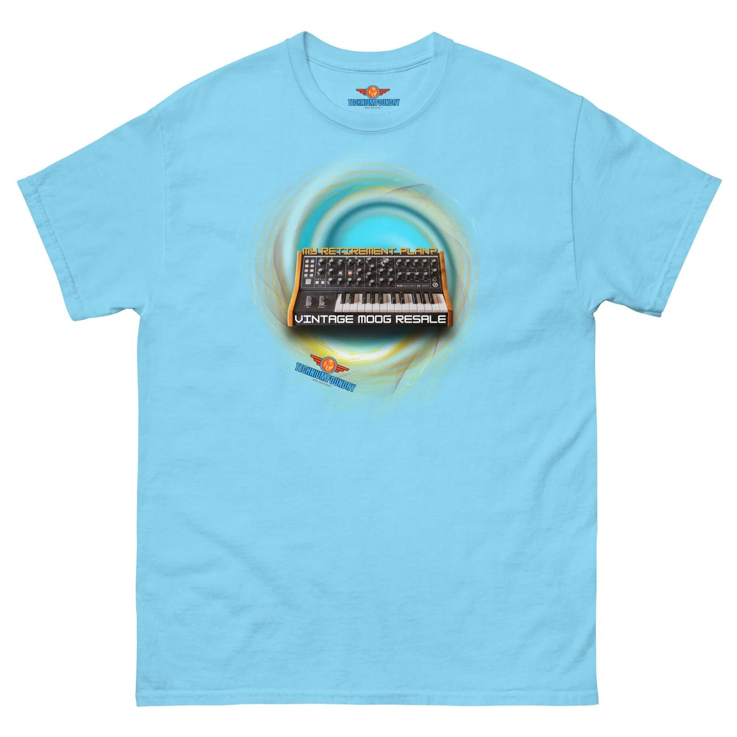 Vintage Moog Resale tee featuring synthesizer design, perfect for analog enthusiasts seeking a music-inspired fashion statement.