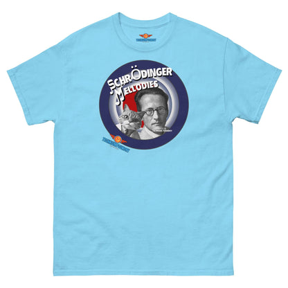 Schrödinger's Melodies Tee featuring Erwin Schrödinger and cat design, blue shirt merging quantum mechanics with music theme.