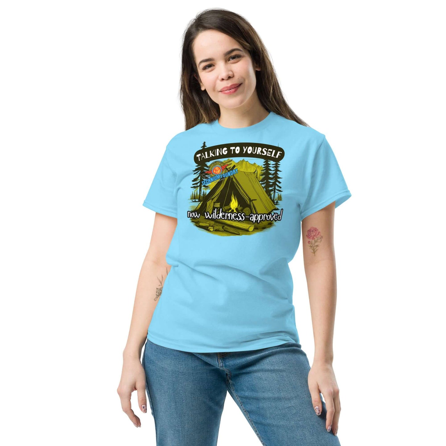 Woman wearing "Talking to Yourself" tee with camping scene, promoting outdoor problem-solving.