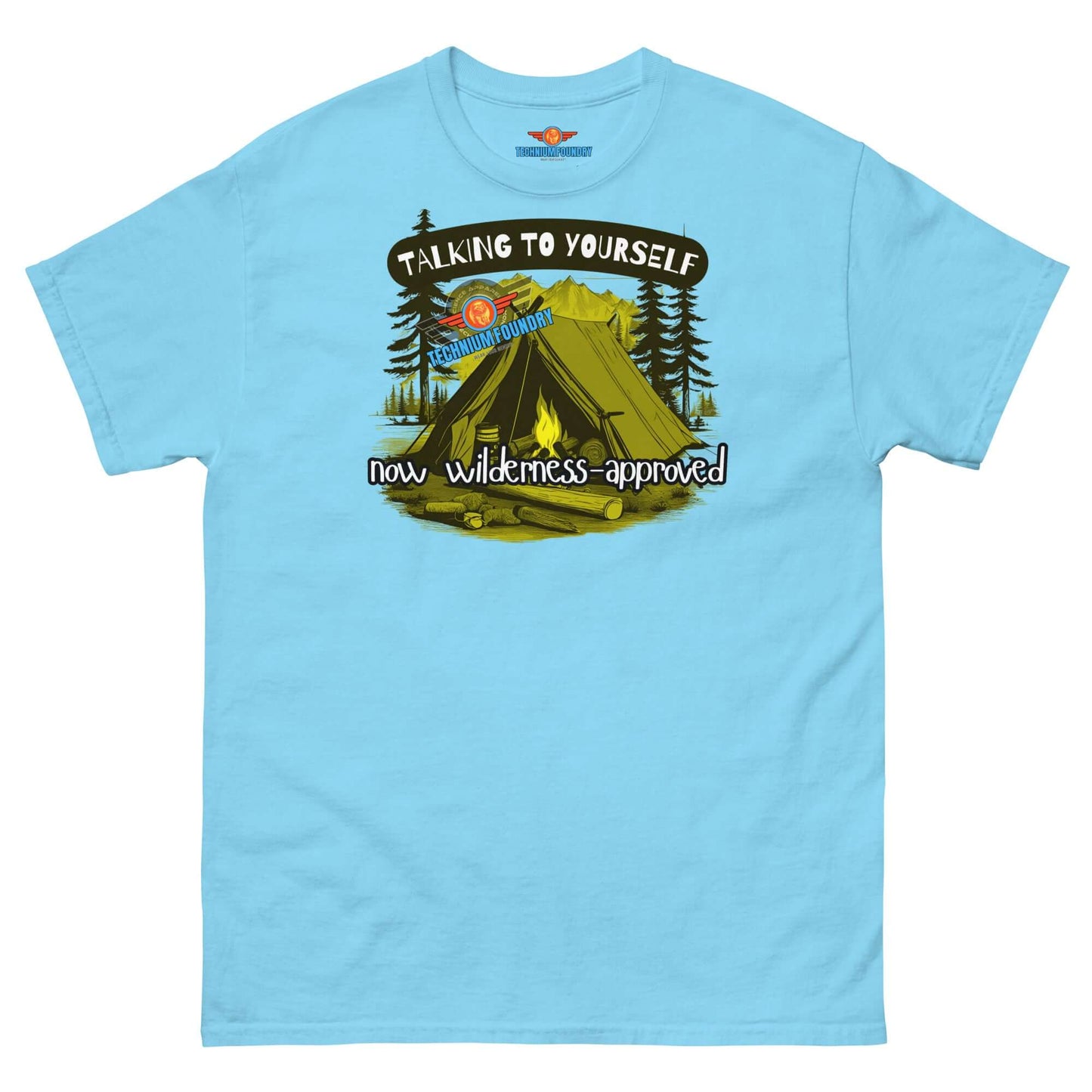 Light blue tee with camping scene and "Talking to Yourself: Now Wilderness-Approved" text, ideal for outdoor coders and campers.