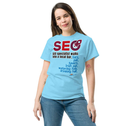 Woman wearing "SEO specialist walks into a bar" blue tee, showcasing humorous keyword-themed design for SEO enthusiasts.