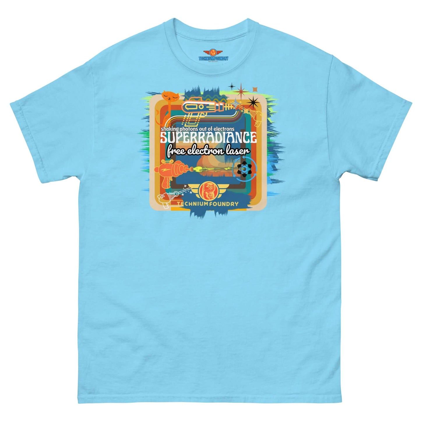 Blue Superradiance Free Electron Laser T-shirt with retro 1980s quantum physics design, featuring vibrant graphics and durable print.