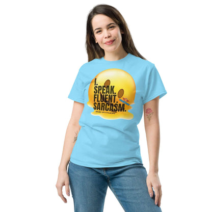 Woman wearing a blue "I Speak Fluent Sarcasm (and Python)" T-shirt by Technium Foundry with a melting smiley face design.