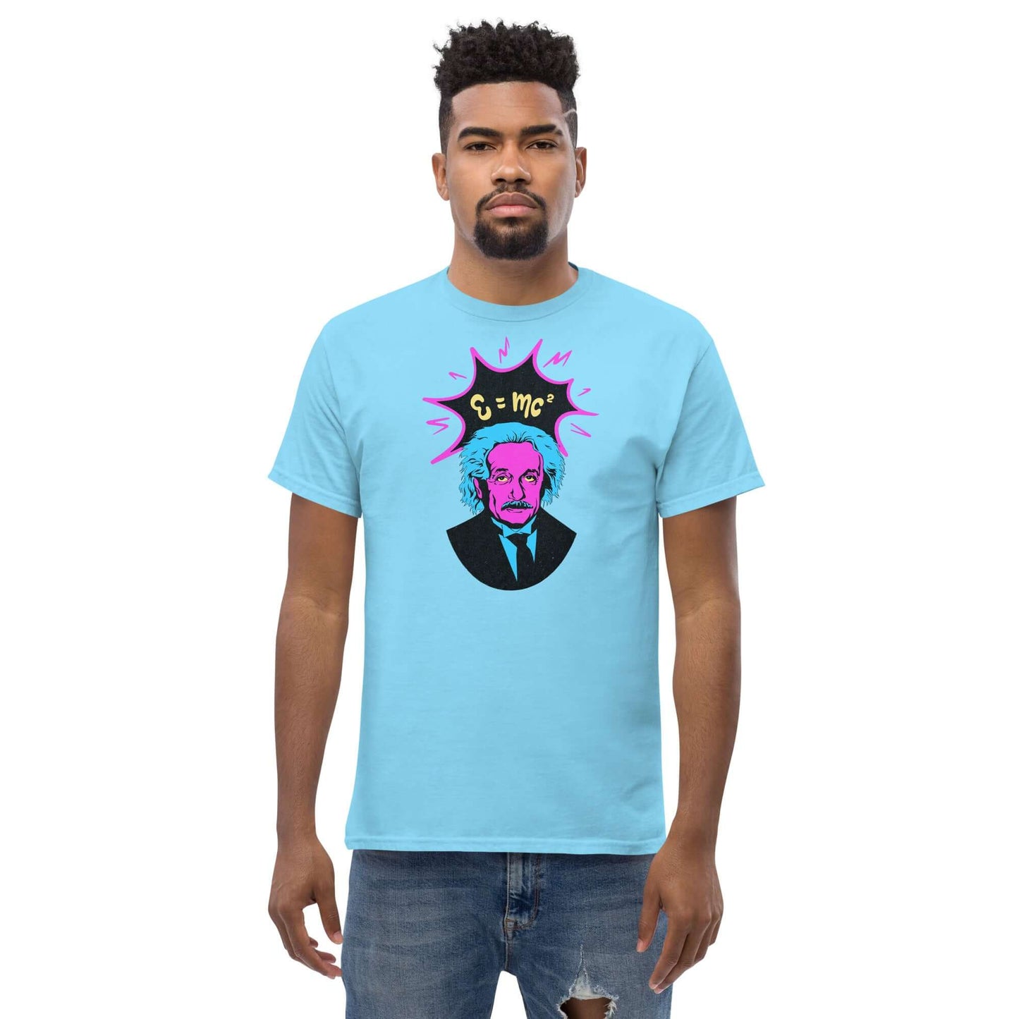 Man wearing E=mc² Pop Art Einstein T-Shirt with neon pink design by Technium Foundry, showcasing cyber-punk style.