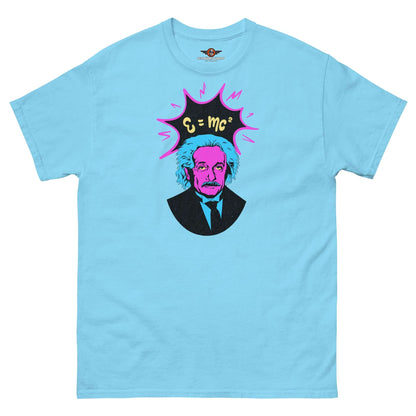 E=mc² Pop Art Einstein T-Shirt in neon pink and blue with cyber-punk design by Technium Foundry.