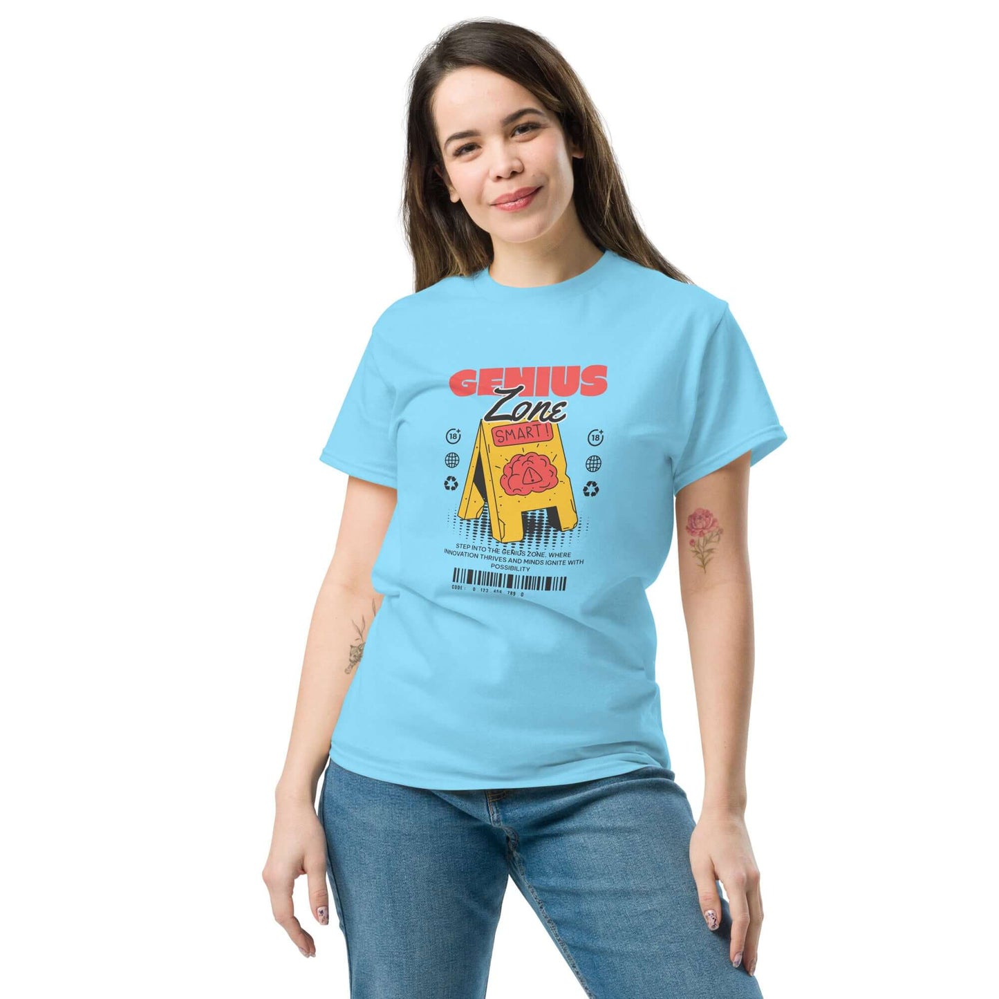 Woman wearing blue Genius Zone Caution T-Shirt with retro-tech design and brain warning label by Technium Foundry.