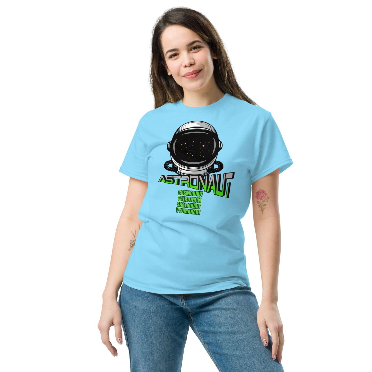 Woman wearing Space Explorer Synonyms T-Shirt featuring astronaut, cosmonaut, and taikonaut text design by Technium Foundry.