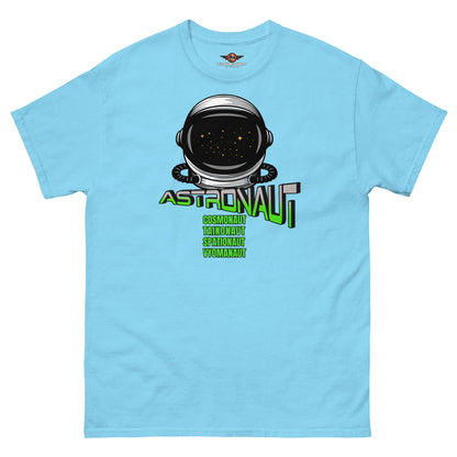 Light blue Space Explorer Synonyms T-Shirt featuring astronaut helmet graphic and different terms for space traveler by Technium Foundry.