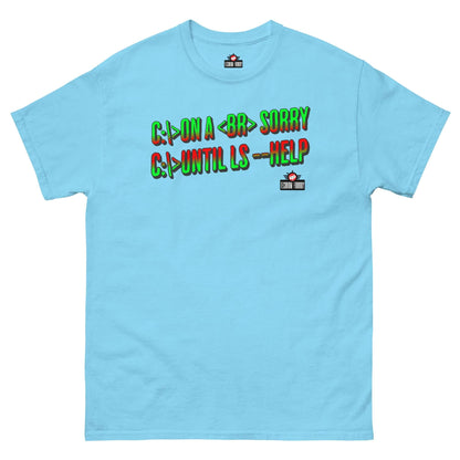 Light blue t-shirt with humorous Windows and Linux command text by Technium Foundry, perfect for developers and coding enthusiasts.