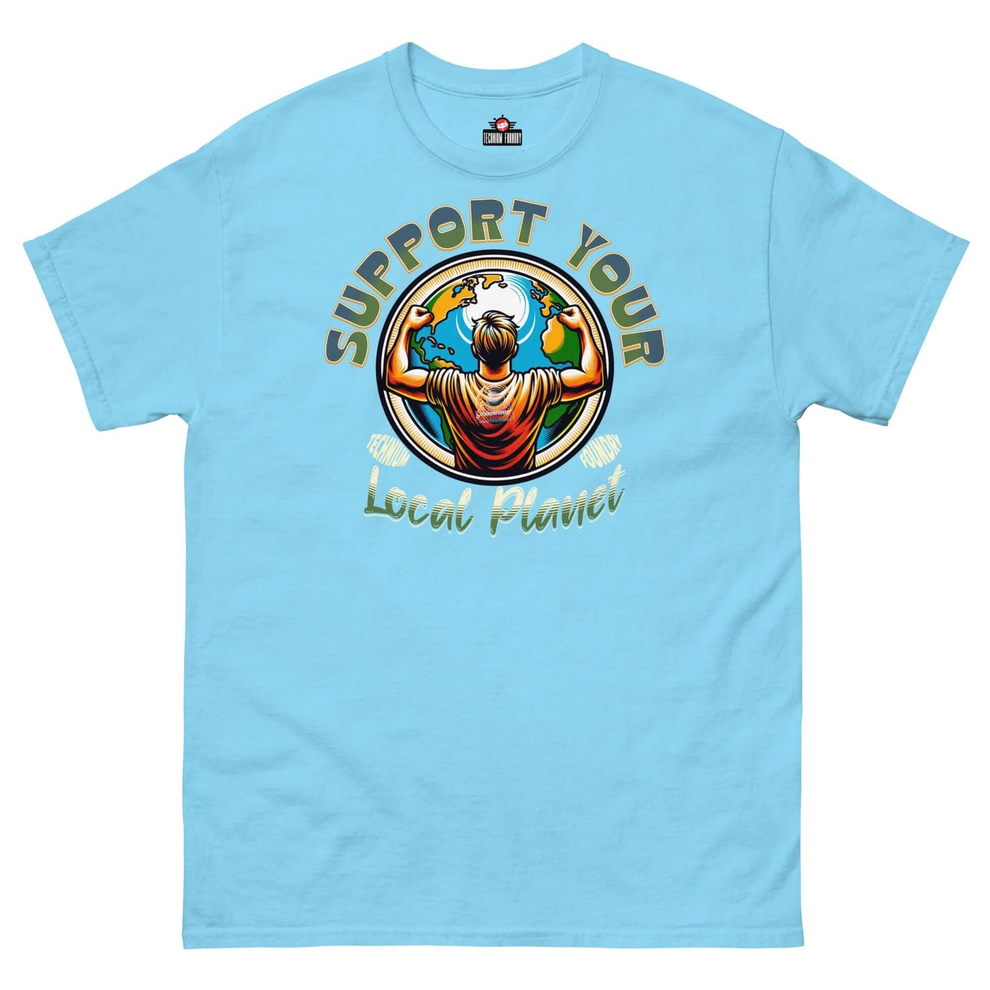 Blue "Support Your Local Planet" T-shirt by Technium Foundry featuring eco-conscious Earth graphic design.