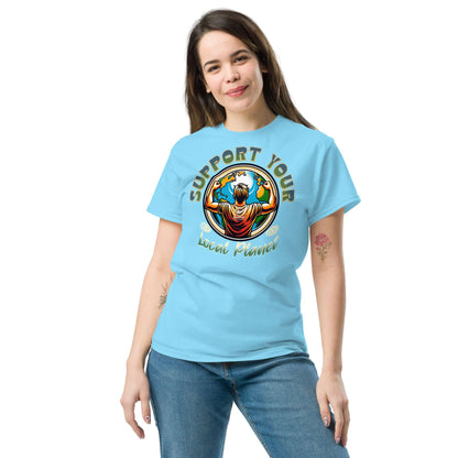 Woman wearing blue "Support Your Local Planet" T-shirt by Technium Foundry, featuring eco-friendly design with earth-hugging hero.