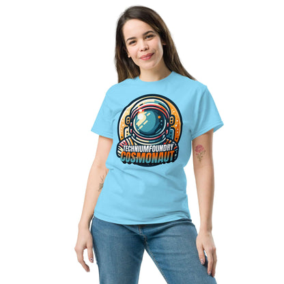 Woman wearing Technium Foundry Cosmonaut T-Shirt with retro space helmet design.