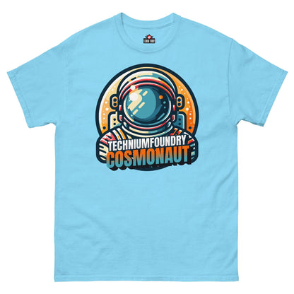 Retro Technium Foundry Cosmonaut T-Shirt with vibrant cosmonaut helmet design in vintage space-race style on a light blue fabric