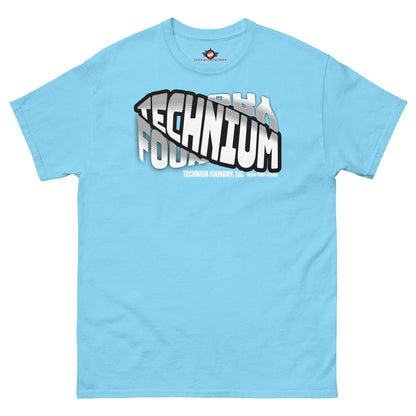 Blue Technium Foundry Core Logo T-Shirt with dynamic typography design for science geeks and quantum apparel enthusiasts.