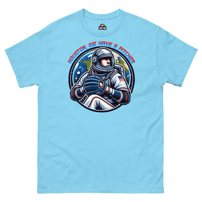 Space-themed "Houston, We Have A Pitcher" T-shirt featuring astronaut pitcher by Technium Foundry. Perfect for baseball and space fans!