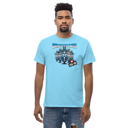 Man wearing a blue Docker Containers on Wheels T-Shirt by Technium Foundry, featuring container orchestration design.