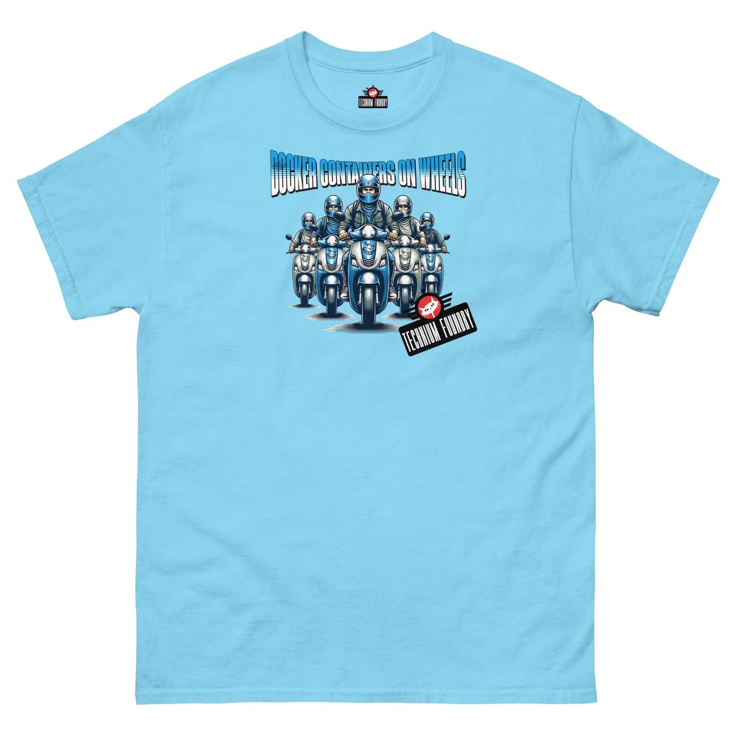 Docker Containers on Wheels T-shirt by Technium Foundry, featuring containerized scooters, DevOps theme, pale blue shirt.