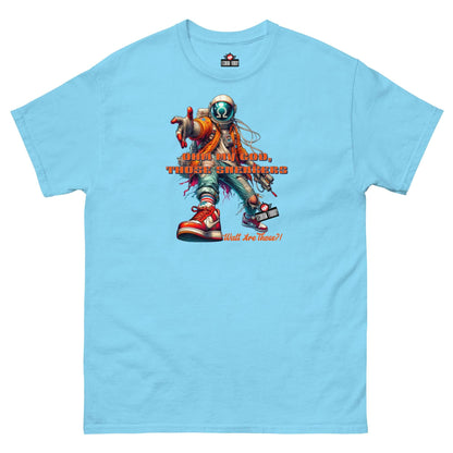 "Watt Are Those?! Electronic Kicks T-Shirt with astronaut design by Technium Foundry in blue."