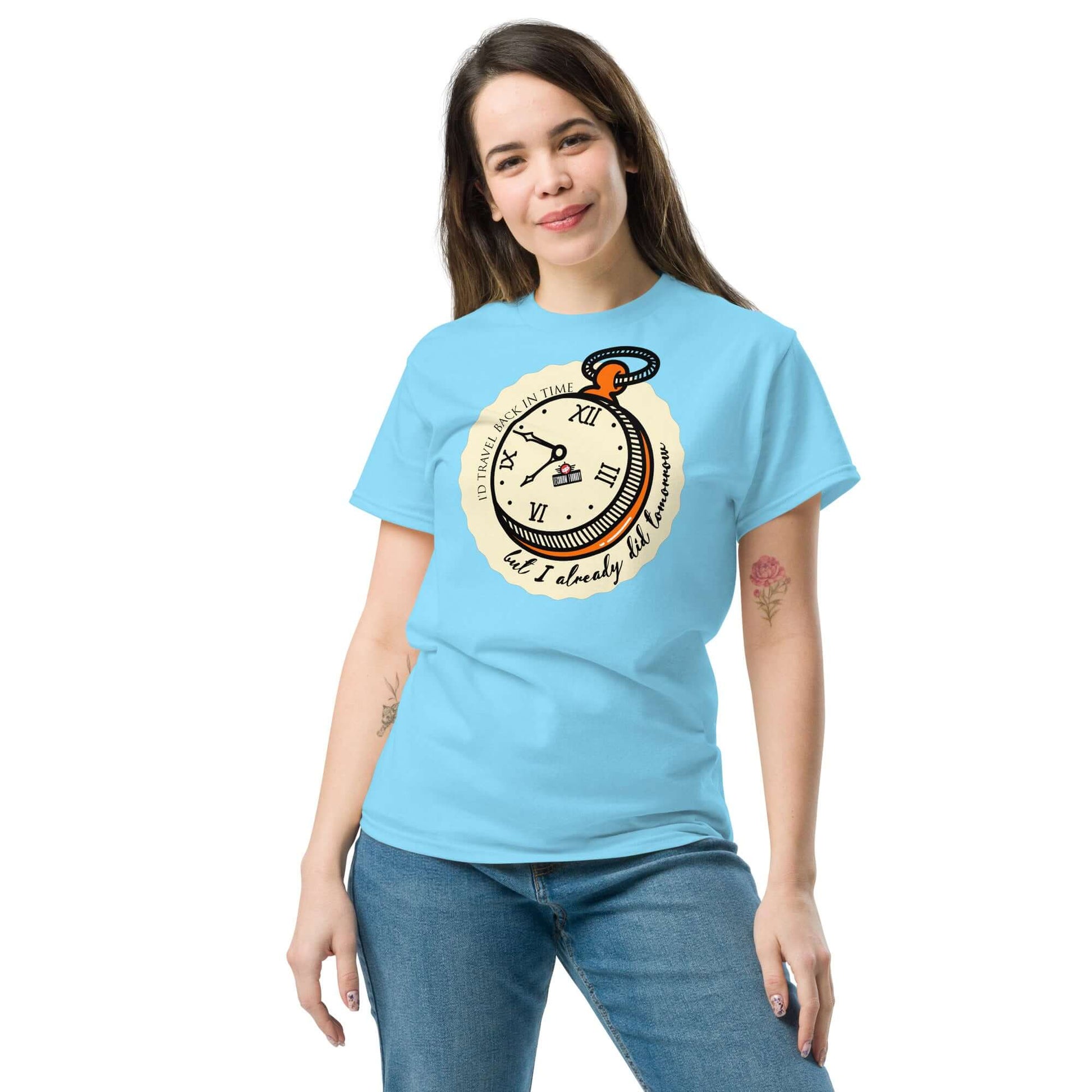 "Woman wearing Time Travel Paradox T-Shirt with pocket watch design, blue shirt by Technium Foundry"