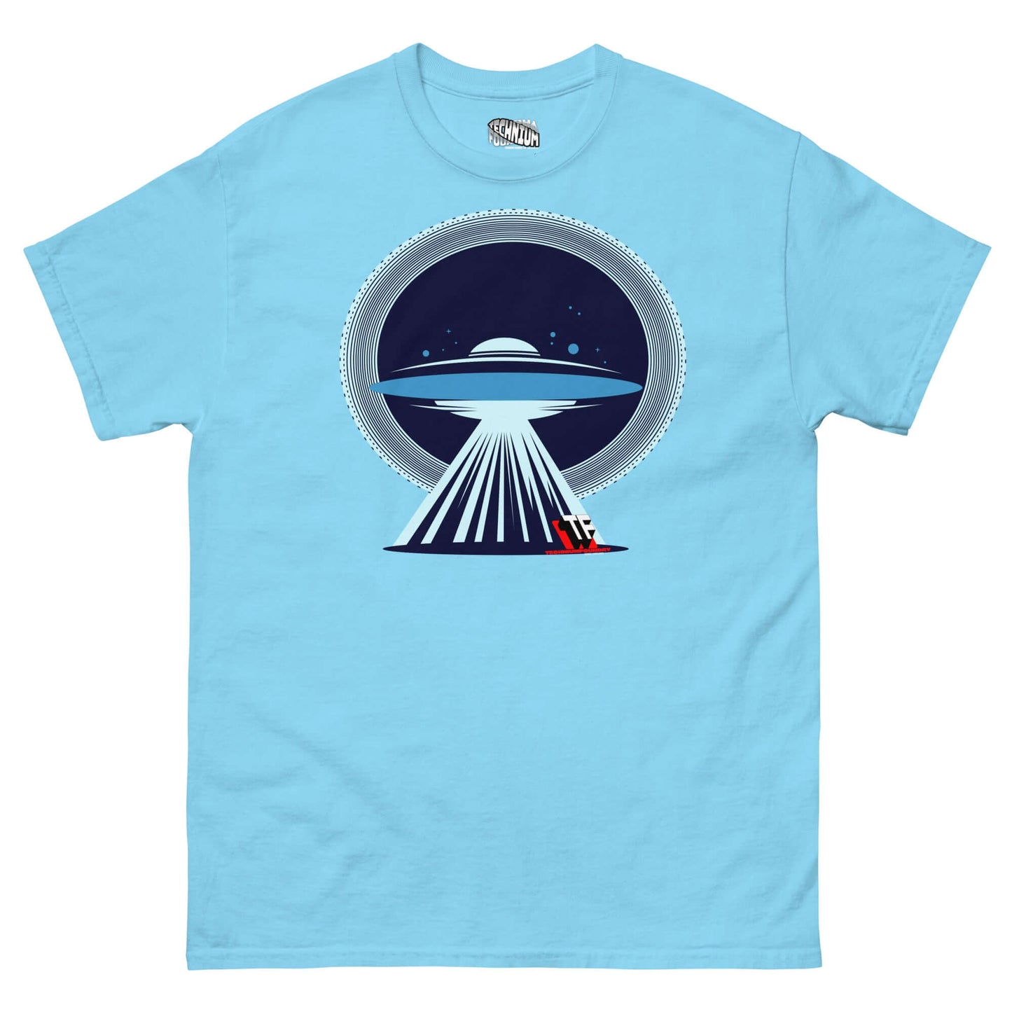 Limited edition UFO Christmas T-shirt with festive UFO design by Technium Foundry, featuring a sleigh in a tractor beam.