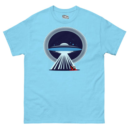 Limited edition UFO Christmas T-shirt with festive UFO design by Technium Foundry, featuring a sleigh in a tractor beam.