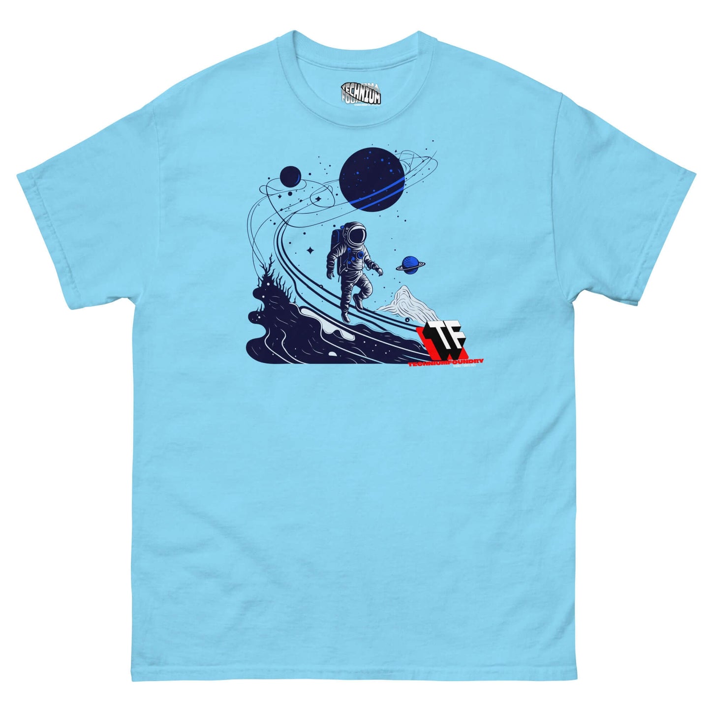 Cosmic Wanderer T-Shirt by Technium Foundry featuring astronaut exploring starry cosmos on blue cotton fabric