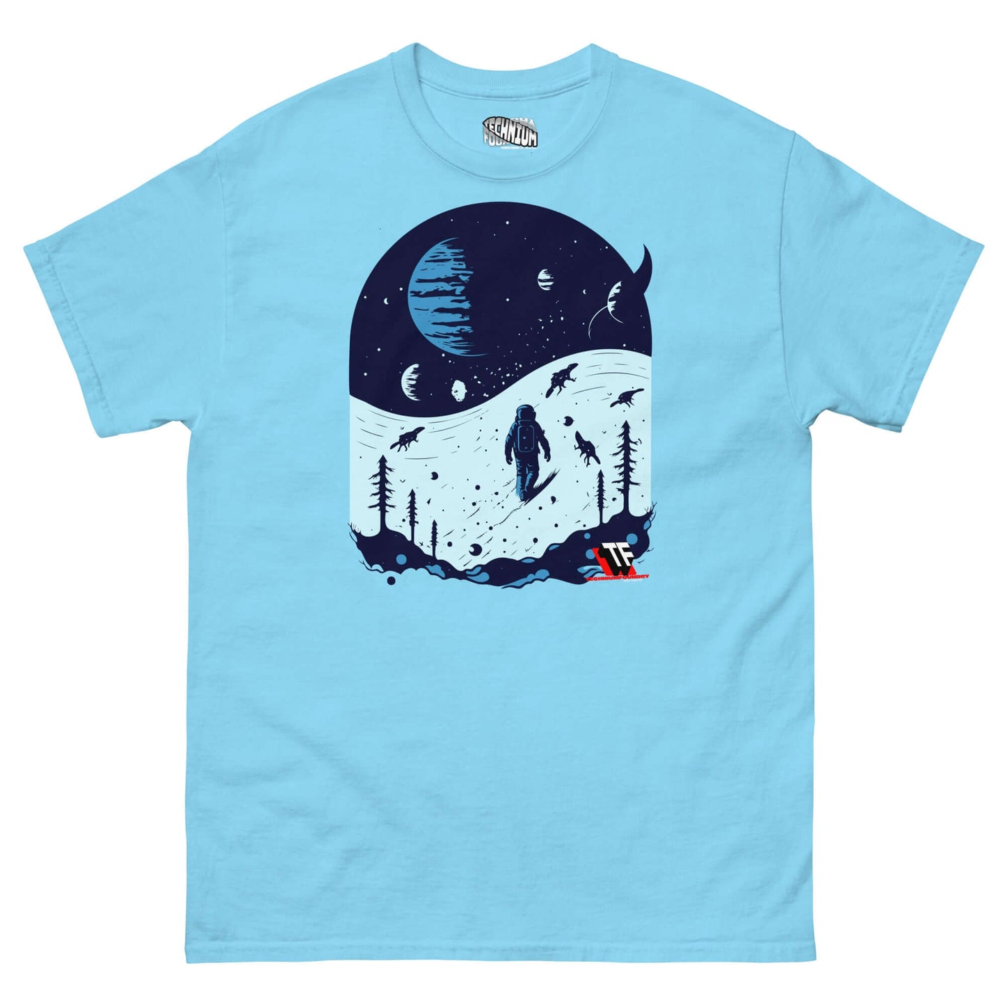 Space Dinosaur Slopes T-Shirt by Technium Foundry featuring astronaut and T-Rex skiing on alien planet.