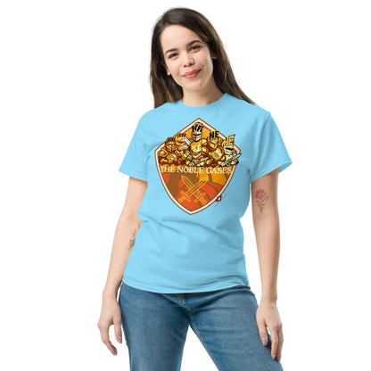 Woman wearing Noble Gases T-Shirt with medieval knight design by Technium Foundry, blue tee, periodic elements theme.