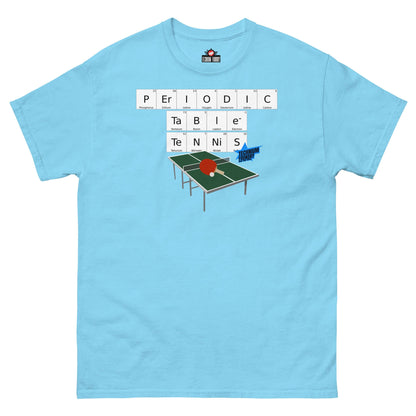 Periodic Table Tennis T-Shirt by Technium Foundry featuring a chemistry-inspired ping pong design on a light blue background.