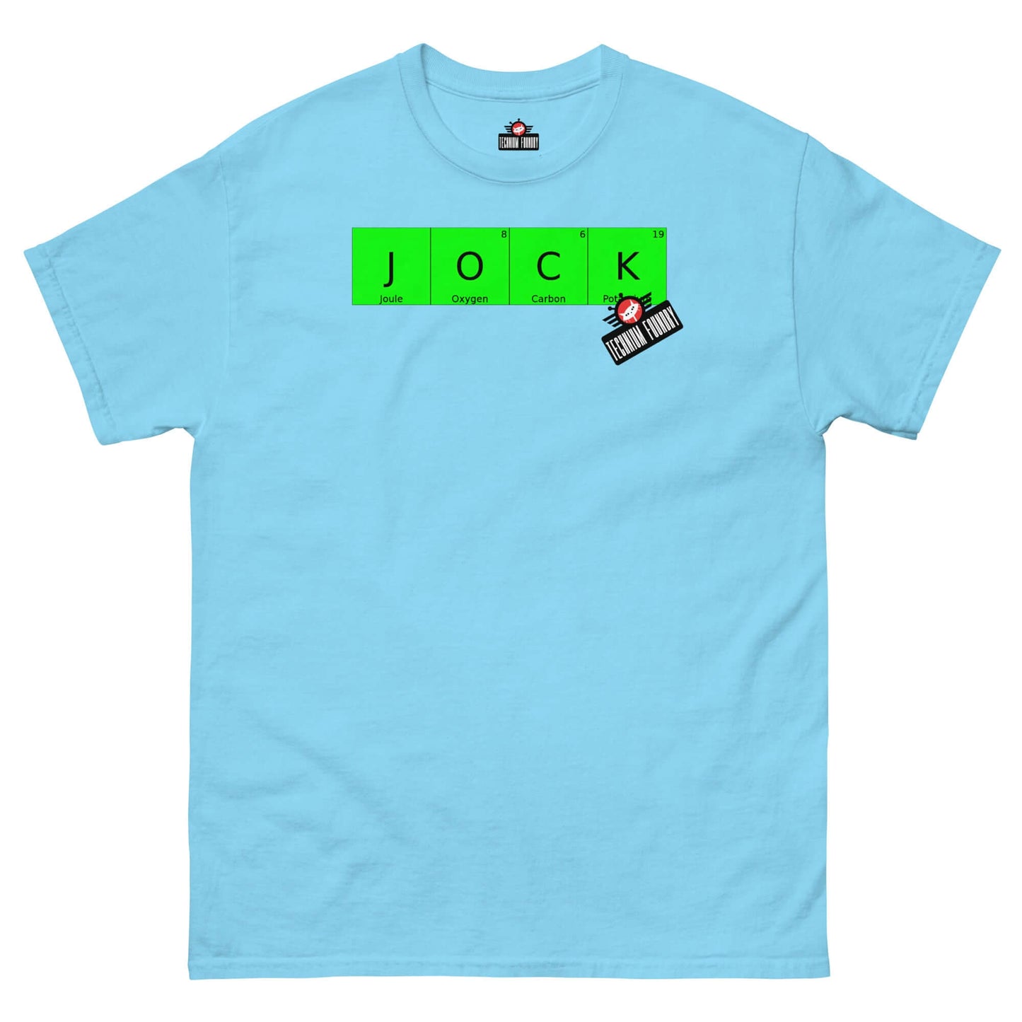 Light blue "JOCK" periodic table T-shirt by Technium Foundry with an Amish DJ graphic, celebrating chemistry-loving jocks.