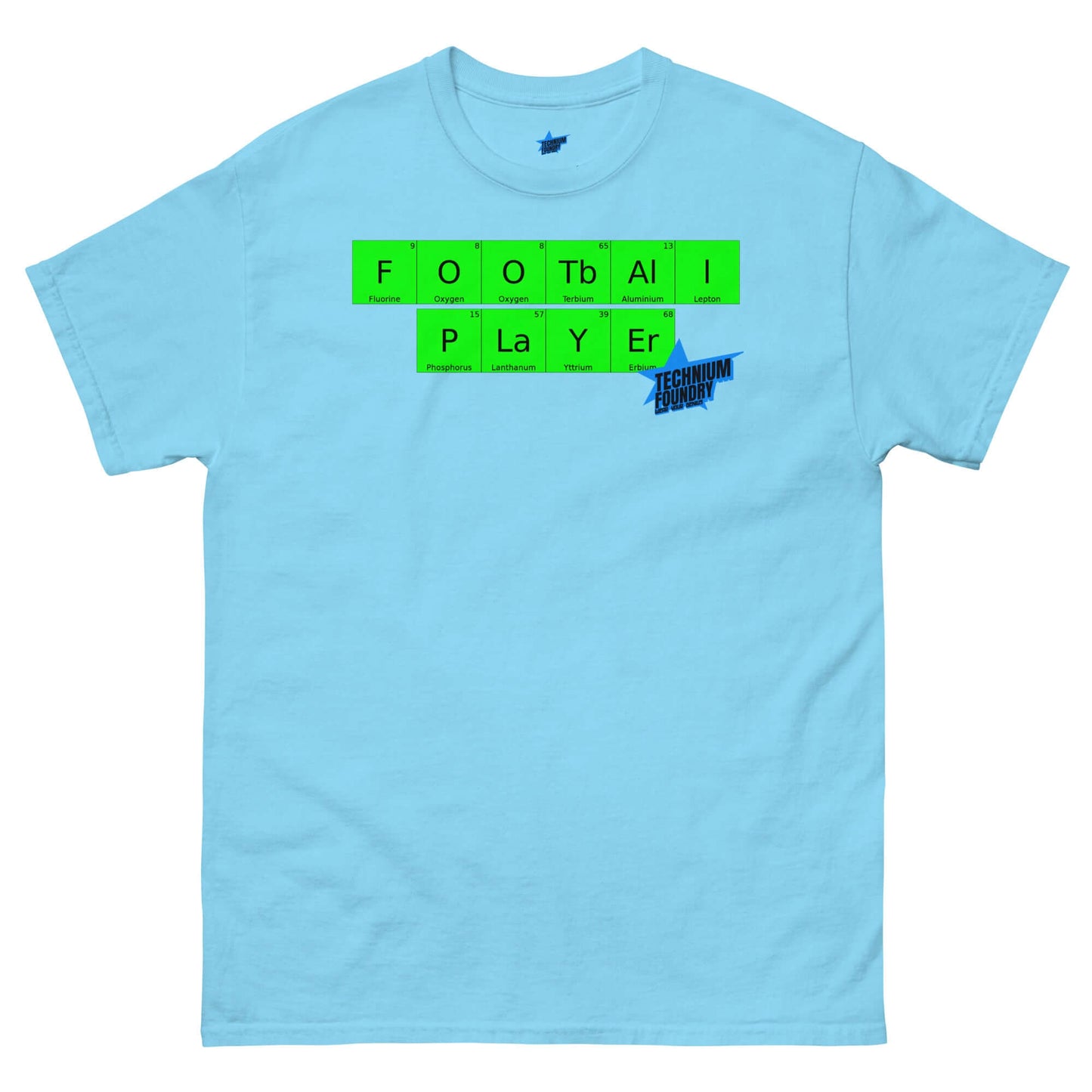 Light blue Football Player T-Shirt with periodic table design by Technium Foundry, premium cotton, sports and science-themed apparel.