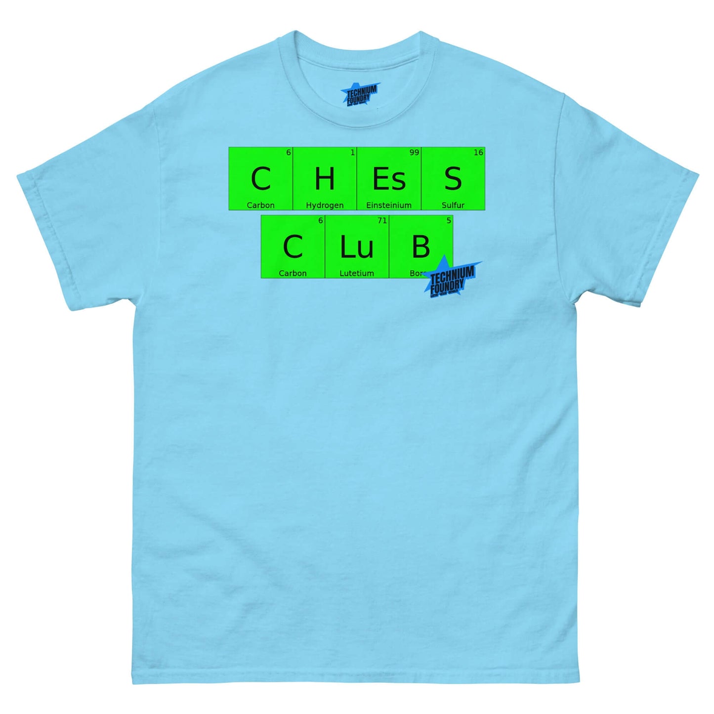 Blue "Chess Club" T-shirt by Technium Foundry featuring chemistry elements design, showcasing strategic thinking with style.