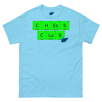 Blue "Chess Club" T-shirt by Technium Foundry featuring chemistry elements design, showcasing strategic thinking with style.