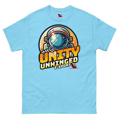 Light blue UNITY UNHINGED E-Sports T-Shirt by Technium Foundry featuring a retro astronaut design for CoD Mobile clan.