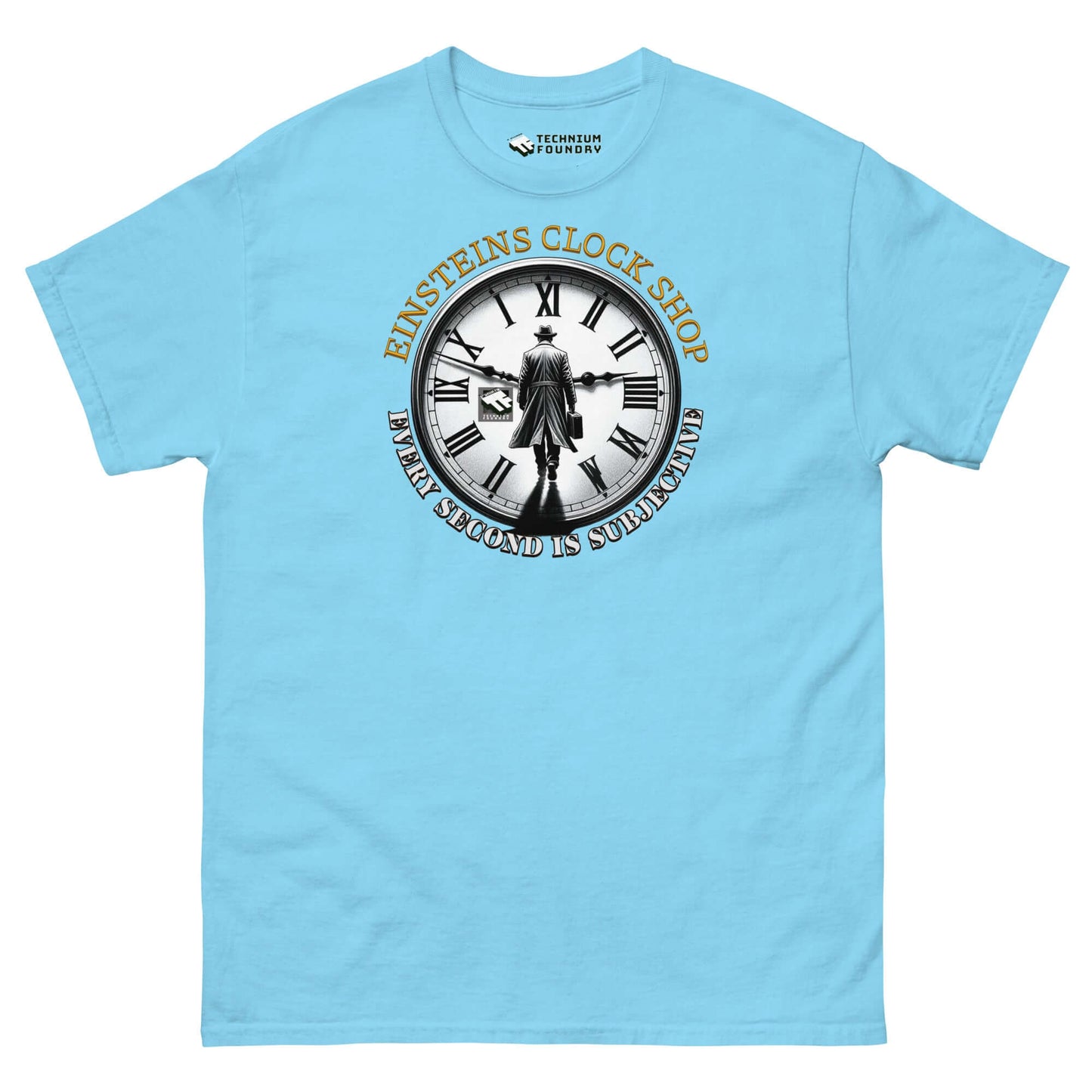 Blue t-shirt featuring Einstein's Clock Shop design with Einstein standing in a clock, highlighting subjectivity of time.